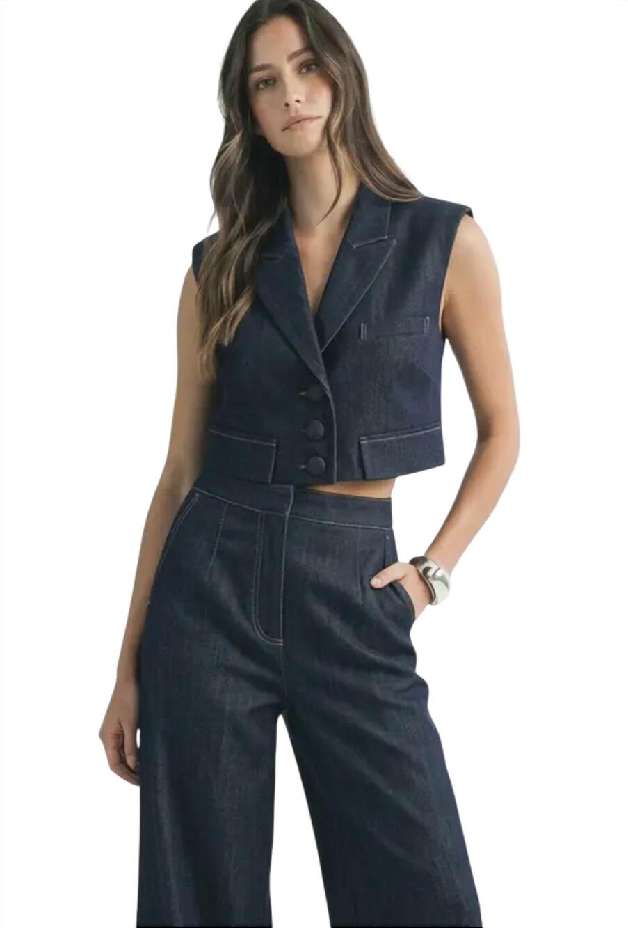 NEW MABLE sleeveless collar vest and wide leg pant set in dark denim